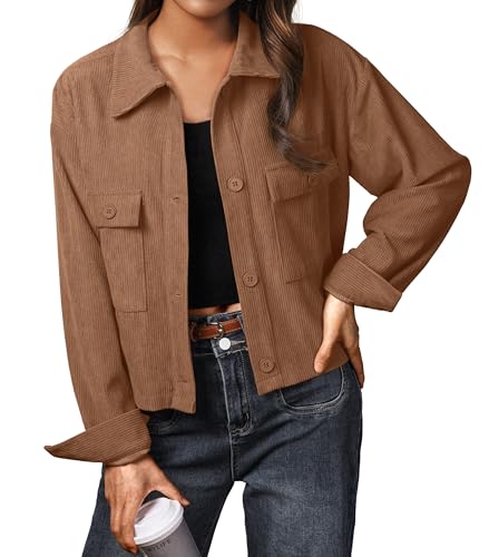 IWOLLENCE Veste en velours côtelé pour femme Veste-chemise Chemise en velours côtelé Veste courte Manches longues Revers Button-Down Manteau shacket,...