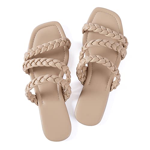 Image of Mtzyoa Women's Strappy Flat Sandals with Toe Ring | Lightweight Walking Slides | Summer Beach Wedding Shoes | Black | Casual Dressy Vacation