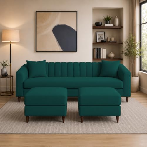Image of Doraldo 3 Seater Sofa Set with 2 Ottoman for Living Room (Pine) Premium Fabric Sofa