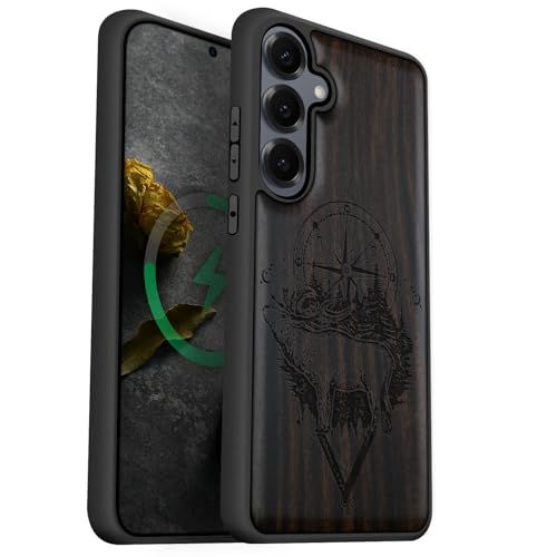 Coque bois Galaxy S25 étui magnétique Samsung S25 antichoc cover bois sombre