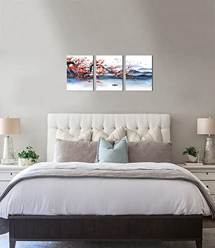 Canvas Art Wall Decor For Bedroom 3 Pieces Framed Wall Art Modern Wall Decor For Bathroom Mountain Lake Plum Blossom Theme Art Prints Modern Wall Art Artwork For Kitchen Home Walls 12X16 Each Panel #TOP7