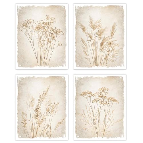 TLESKE Beige Neutral Vintage Fall Botanical Posters Prints Unframed 8x10 Set of 4, Rustic Floral Flower Wall Art Prints Decor for Farmhouse Bedroom Living Room, Boho Wildflower Wall Pictures