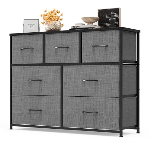 Xbro Cajonera, 7 Cajones de Tela con Tiradores, Cajonera Dormitorio con Tapa de Madera, Cajonera Dormitorio Pasillo, Cajonera Pasillo Mueble para Cocina Oficina Pasillo Dormitorio (Gris Oscuro)