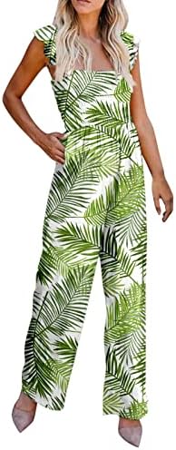 Women Casual Jumpsuit Summer Ruffled Straps High Waist Jumpsuit Floral Printed Jumpsuit Wide Leg Long Romper for Women