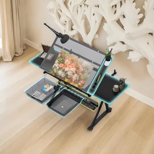 Donfafecuer Adjustable Drafting Table for Adults Professional Art Table 2 Storage Drawers Height Adjustable Home Office Reading Painting Tempered Glass Top Modern Black Design