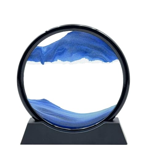 AzureLeap Moving Sand Art Liquid Motion 3D Deep Sea Sandscape Color Quicksand Decor Round Glass Moving Sand Art Picture Relaxing Desktop Home Office Work Decor (7 inch-Blue)