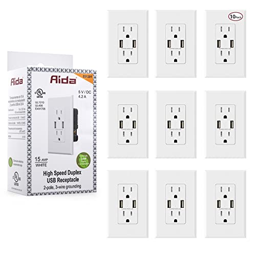 AIDA USB Wall Outlet, USB Receptacle with Type A USB Ports 4.2A, 15 Amp Duplex Tamper Resistant Receptacle Plug, Charging Power Outlet, Wall Plate Included, UL Listed, Glossy White (10 Pack) AIDA USB Wall Outlet, USB Receptacle with Type A USB Ports 4.2A, 15 Amp Duplex Tamper Resistant Receptacle Plug, Charging Power Outlet, Wall Plate Included, UL Listed, Glossy White (10 Pack)