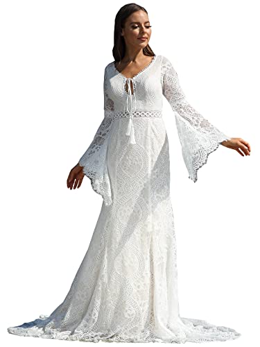 Lace Boho Wedding Dresses for Brides Long Bell Sleeves Wedding