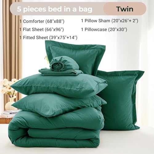 MUXHOMO 5 Pieces Twin Comforter Set, Soft Bed in a Bag Twin Size, All Season Bedding Set with Comforter, Flat Sheet, Fitted Sheet, Pillowcases & Shams, Emerald Green