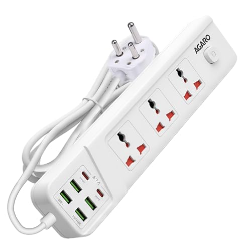 Image of AGARO Regal Extension Board, Power Strip, 3 Universal Sockets, 4 USB + 2 Type-C Fast Charge, 2500W, 6ft Heavy-Duty Cord, Overload & Surge Protection, Master Switch, Multi-Device Charge for Home /Office
