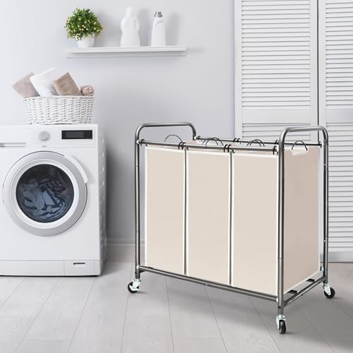 Image of STORAGE MANIAC 3 Section Laundry Sorter, 35.6 Gal (135 L) Laundry Hamper Cart with Heavy Duty Rolling Lockable Wheels and Removable Bags, Clothes Organizer Basket Separator Hamper, Beige