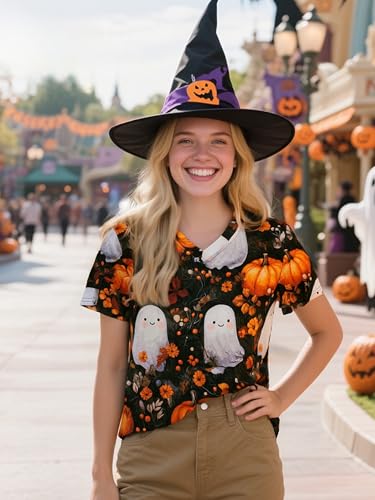 Halloween Shirts for Women Pumpkin Face Tee Casual V-Neck Loose Tops — view 2