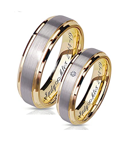Personalized Two Tone Brushed Silver & Gold Ring Set Custom Engraved Free In Any Language - Couple's Ring Set - Wedding Band Set - Ships From USA4