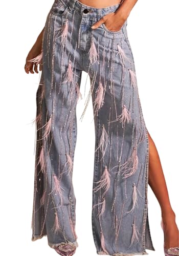 Famnbro Womens Rhinestone Tassels Jeans Baggy Y2K High Waisted Side Slit Fringe Feather Sparkly Bling Denim Pant