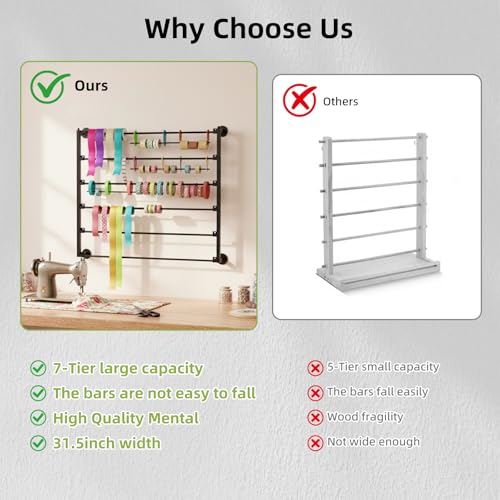 Image of 7 Tier Wall Mounted Ribbon Storage Organizer Rack, Metal Ribbon Holder for Craft Room Flower Store, Ideal for Wrapping Paper Scarf Tie Belt Towel - Black