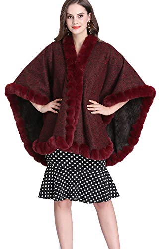 FOLOBE Suéter de Piel sintética para Mujer Poncho Oversize Cape Chal de Abrigo Elegante con Cuello de Piel sintética
