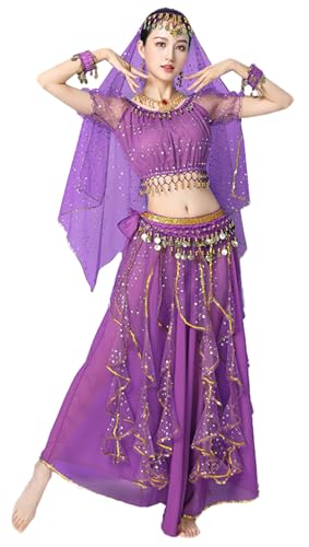 TLMNU Bollywood Costume alloween Dance Belly Crop top Chiffon Dance Costume for Women 02A-Purple