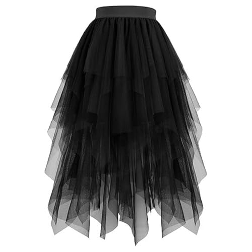 Falda de tul larga para mujer, tallas grandes, falda de tul, irregular, línea A, con cintura alta, disfraz de carnaval, Negro , L