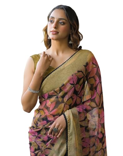 Image of SIRIL Women's Chiffon Printed Saree with Unstitched Blouse Piece