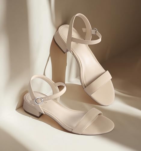 Image of Ankis Women Nude Black White Open Toe 1 Inch Block Low Heel Sandals Daily | 1-inch block heel, adjustable ankle strap, foam padded, non-slip rubber sole, all-day comfort for daily, graduation, wedding