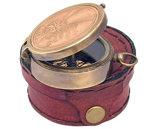 Brújula Antigua de Cobre Grabada 2.5 Pulgadas con Estuche de Cuero
