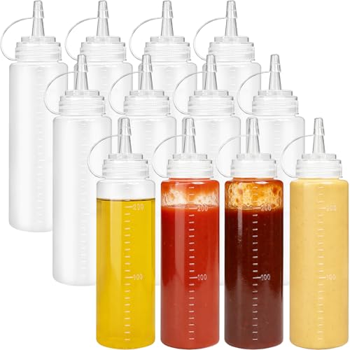 Uyuxxu 12 Pack 8 oz Plastic Condiment Squeeze Bottles Multipurpose Squirt Bottles Clear Sauce Bottle with Lids for Dressing Ketchup Grilling Syrup BBQ Sauce