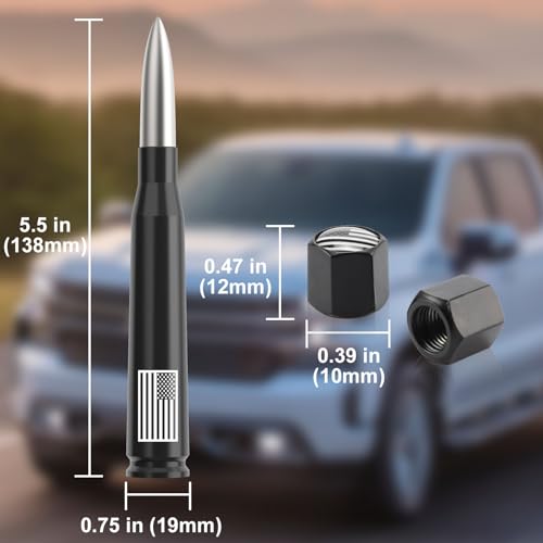 Image of Car Truck Antenna with Tire Valve Caps American Flag Universal Short Replacement for GMC Sierra Chevy Silverado Dodge Ram 1500 2500 3500 Ford F150 F250 F350 Super Duty Raptor Accessories, Silver