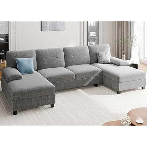 Meilocar Sectional Couches for Living Room, U Shaped Couches for Living Room, Sectional Sofa with Chaise, Black Sofa Couch Sectional Couch for Apartment, Living Room Couch, Striped Grey Cover