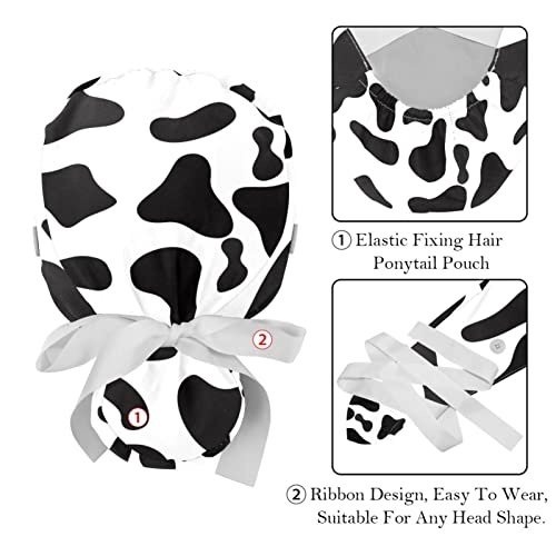 Image of 2 PCS Bouffant Cap with Button Ponytail Pouch Working Cap Sweatband Adjustable Surgical Cap Black and White Cow