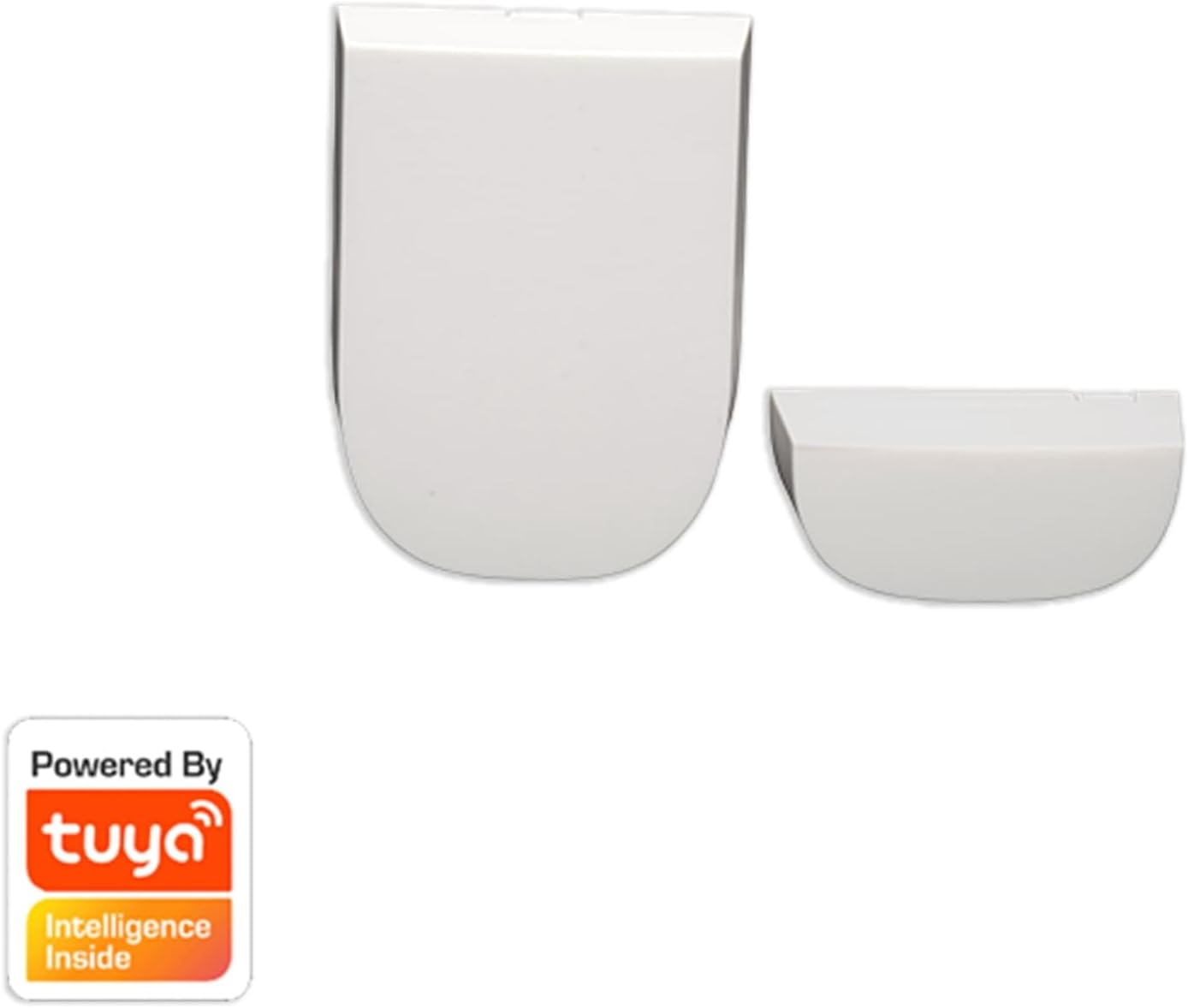 Two parts of a Denver SHA-150 door/window contact sensor, designed to detect opening and closing.