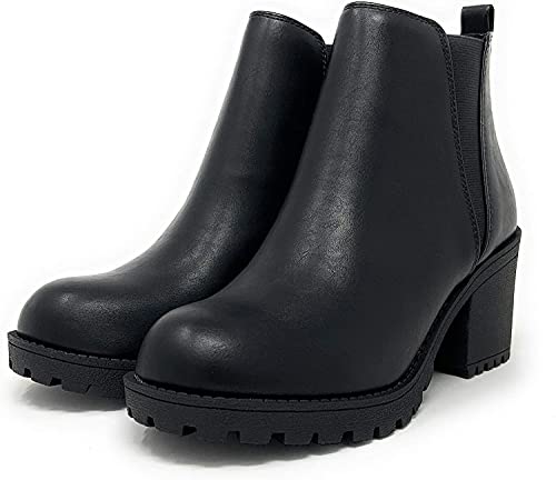 Soda Origami Womens Lug Sole Chelsea Ankle Booties Elastic Sides,Black Pu,7.5 #TOP1