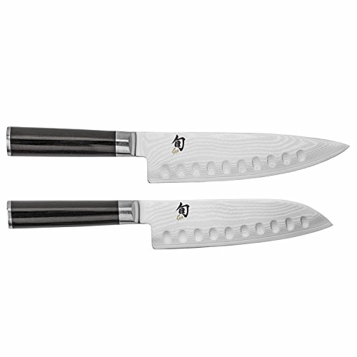 Shün Classic 2-Piece Knife Set, 8-inch Chef's Knife with Scallops and 7-inch Santoku Hollow Ground Knife
