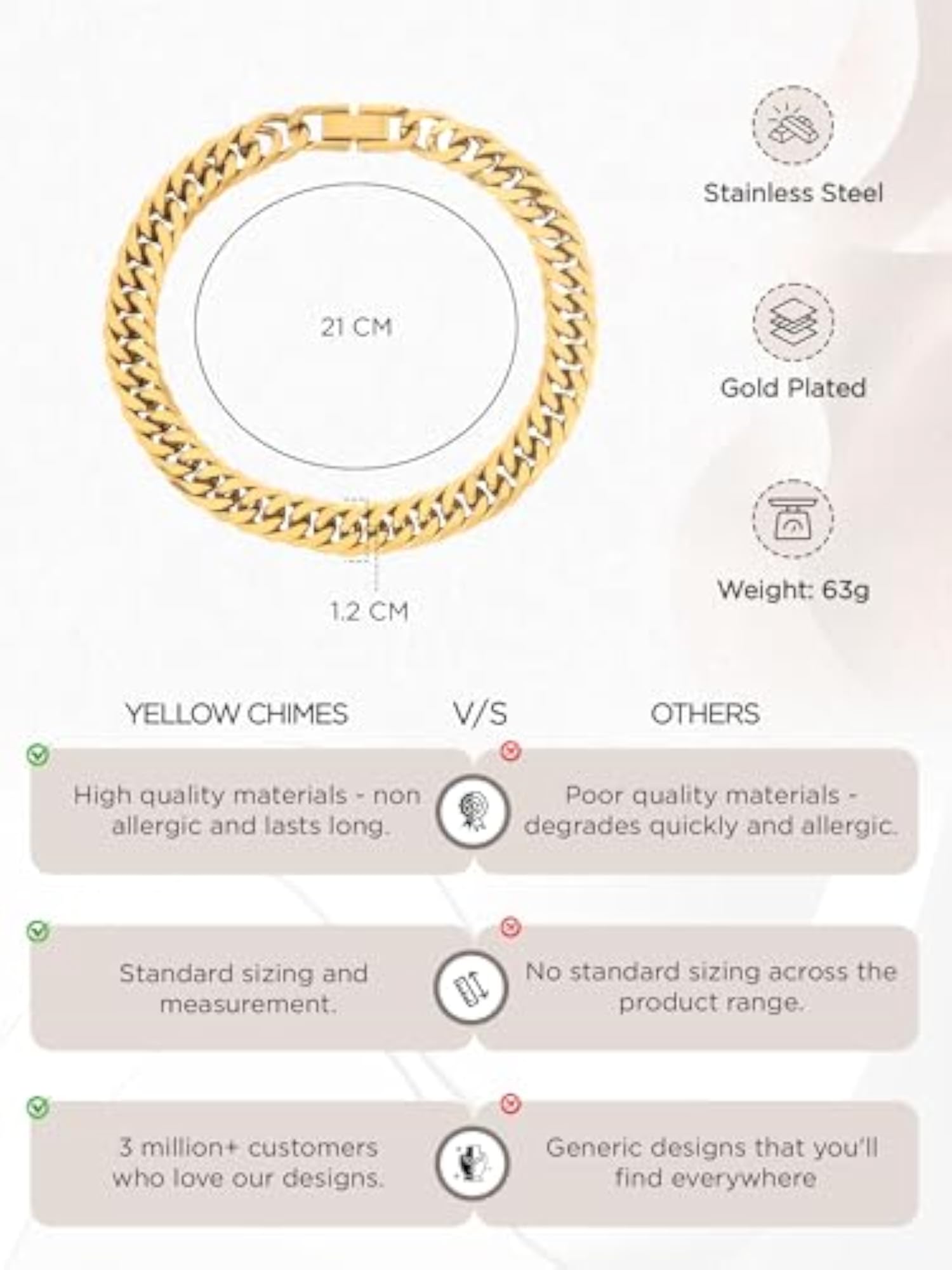 Gold Plated Stainless Steel Curb Chain Bracelet for Men