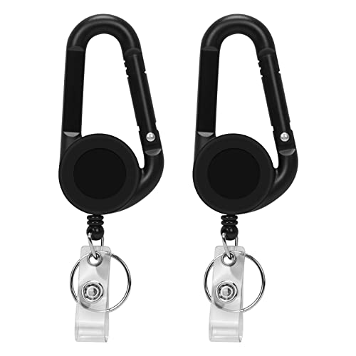 Skycase Llavero retráctil, clip de mosquetón con cable de acero, rollo de soporte multifunción para tarjetas, clip para cinturón, tarjetas de identificación, llaves, 2 unidades (negro) Cover