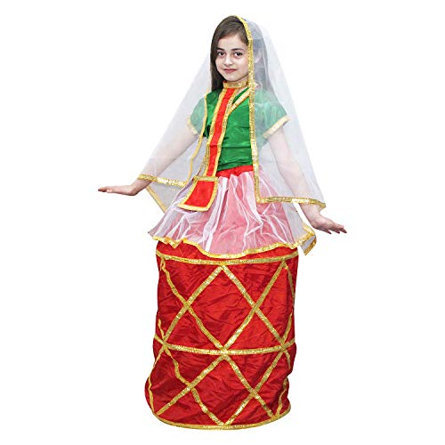 Image of Kaku Fancy Dresses Polyester Indian State Manipuri Folk Dance Costume - Red & Green, For Girls 14-16 Years