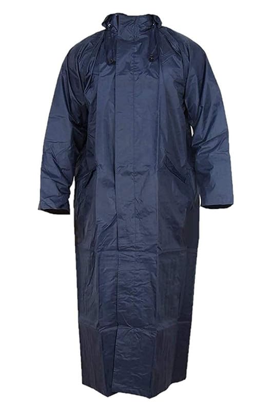 Unisex Waterproof Long Overcoat With Adjustable Hood Double Layer For Men Bike Rain Jacket With Storage Bag (Navy Blue)