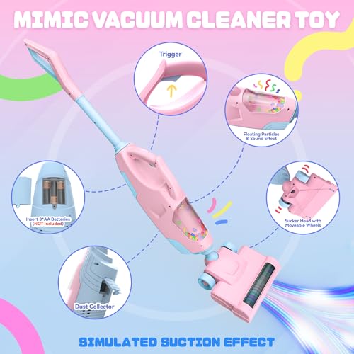 Toy Choi’s Staubsauger Spielzeug Set – Elektrischer Kinder Staubsauger Mit Flacher Düse, Sound und Ball-Plopp-Action – Vacuum Reinigungsset für Kinder, Jungen und Mädchen ab 3-6 Jahren (Rosa)