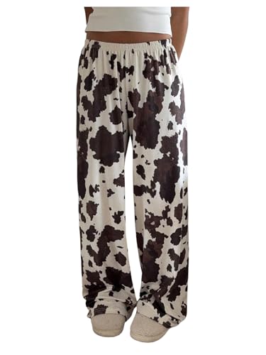 Women's High Waisted Wide Leg Pants Casual Cow Graphic Baggy Pajama Pants Trousers