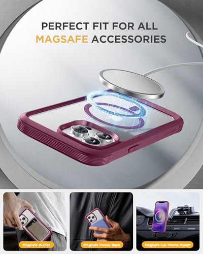 Image of Miracase Magnetic for iPhone 13 Pro Max Case 6.7 inch, (Compatible with MagSafe) Upgrade Full-Body Clear Phone Bumper Case with Built-in 9H Tempered Glass Screen Protector, Magnetic Wine Red