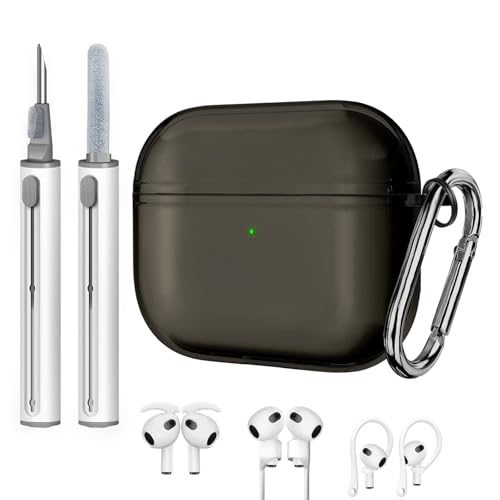 【6 in 1】 Compatible with Airpods 3 Case，Clear Soft TPU Protective Cover with Cleaner kit、Strap Anti-Lost Cord Sports Lanyard and Ear Hooks Cover（2 Types） Apple AirPods 3 Charging Case - Clear Black