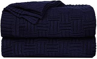 sourcing map 100% Cotton Cable Knit Throw Blanket,Soft Lightweight Lap Blanket,Textured Solid Sofa Throw Couch Cover Decors Knitted Blankets, Navy Blue 50"x 60"