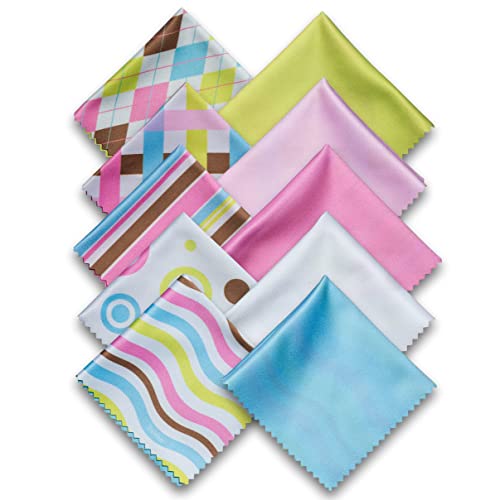 10 Pack Cute Geo-Design Multicolor Microfiber Cleaning Cloths for Cleaning Lenses, Eyeglasses, Sunglasses and Cell Phone, Beautifully Designed in Pastel Colors Blue, Pink, Green and White Cloth Wipes.