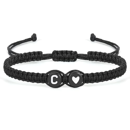 Image of Initial Letter Bracelet for Women Men, Alphabet Handmade Black Adjustable Braid Rope Heart Bracelet, Jewelry Gifts for Daughter Mother's Day Mom Sister