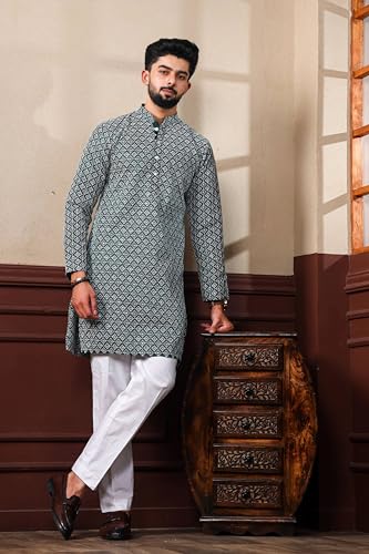 Image of ALMORA Men's Embroidered with Thread Work and Cotton Blend Only Slim Fit Kurta for Men