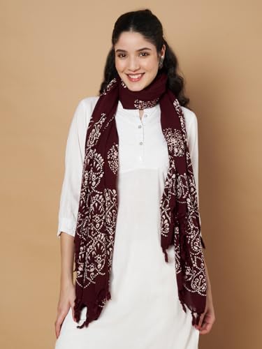 Image of Women's Cotton Rayon Bandhani Print Dupatta with Tassels 2.25 Meters | Women's cotton printed dupatta with tassels.