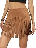 Verdusa Women's High Waist Faux Suede Fringe Zipper Back Beaded Mini Bodycon Skirt Dark Khaki L