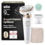 Braun Silk épil 9 Flex Epilierer Damen, Flexiblem 360°Kopf, Wet&Dry, Langanhaltende Haarentfernung, Ladyshaver, Wasserdicht — Inkl. Rasieraufsatz, Trimmeraufsatz, Massageaufsatz — 9 071 3D, Weiß/Gold