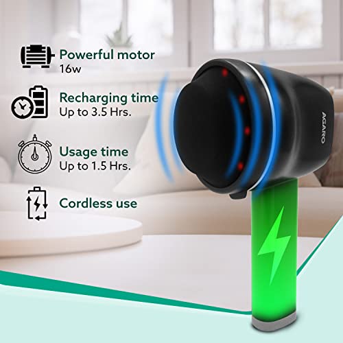 Image of AGARO Alpha Handheld Deep Tissue Wireless & Rechargeable Body Massager, Interchangeable 8 Heads, Mesh Cover, 5 Modes 6 Speed Settings, for Pain Relief, Muscle Relaxation, Back, Arms, Foot, Black