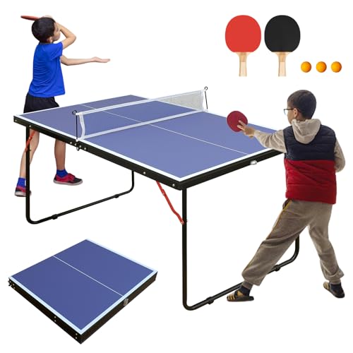 LSKSSNG Foldable 4.5ft Portable Ping Pong Tables Set, Table Tennis Table with Net, Table Tennis 2 Paddles and 3 Balls, Family Game Tables for Indoor/Outdoor, Portable Junior Teenagers Ping Pong Table
