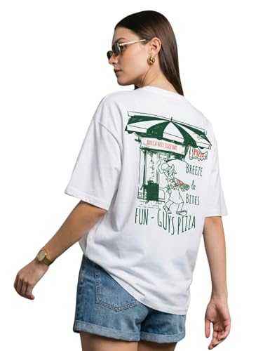 Image of JUNEBERRY Women's Pure Cotton Drop Shoulder Printed T-Shirt | Oversized Baggy Fit Half Sleeve Round Neck Graphic Tee (S-XXL)